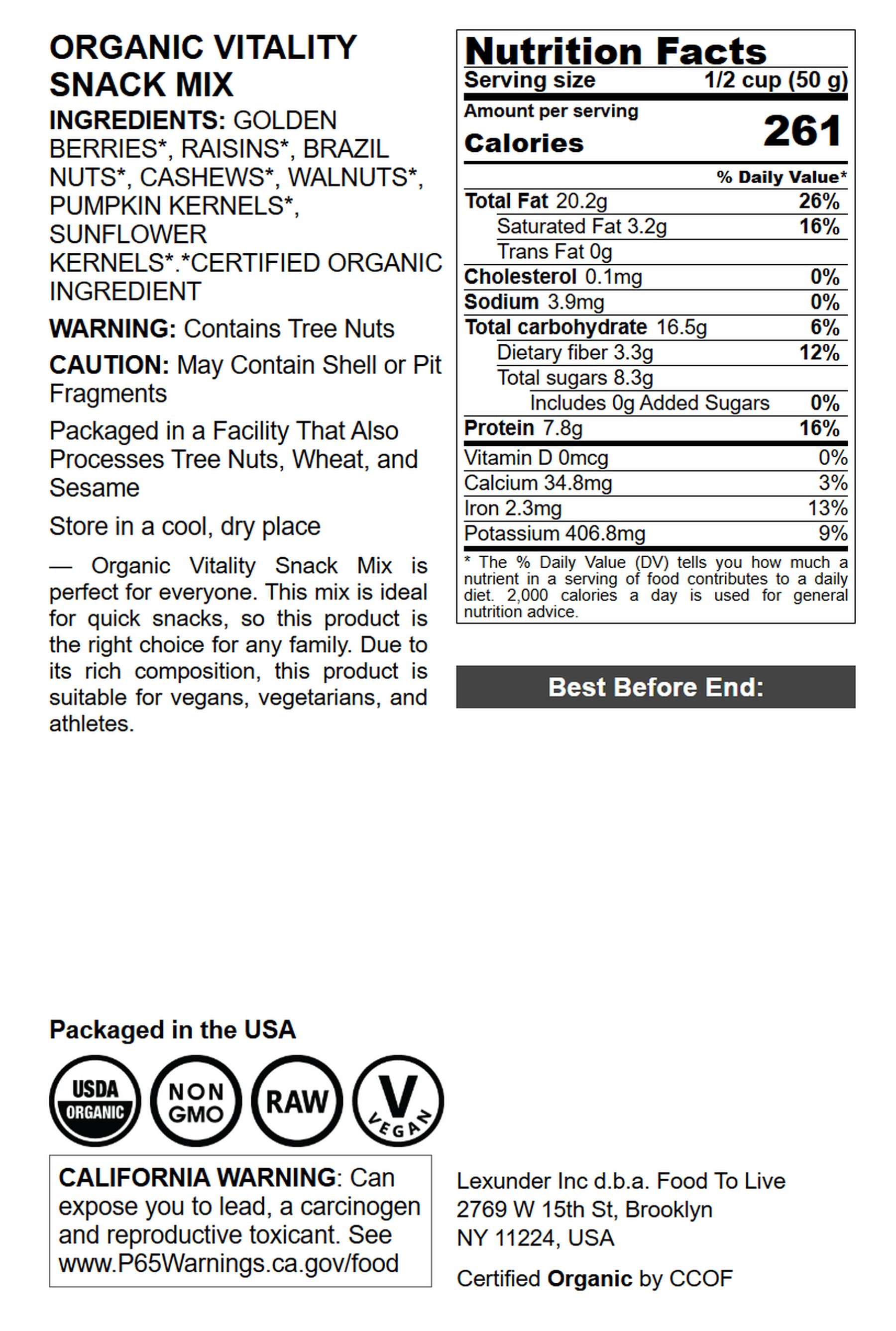Organic Vitality Snack Mix, 1 Pound — Kosher, Raw, Vegan - by Food to Live