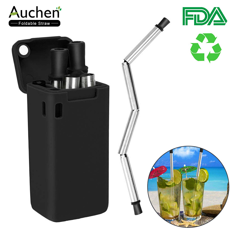 Collapsible Reusable Straws with Case,AUCHEN Black Metal Straws,FoodGrade Stainless Foldable