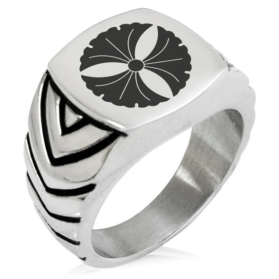 Stainless Steel Tree Ginkgo Leaves Kamon Crest Chevron Pattern Biker Style Polished Ring