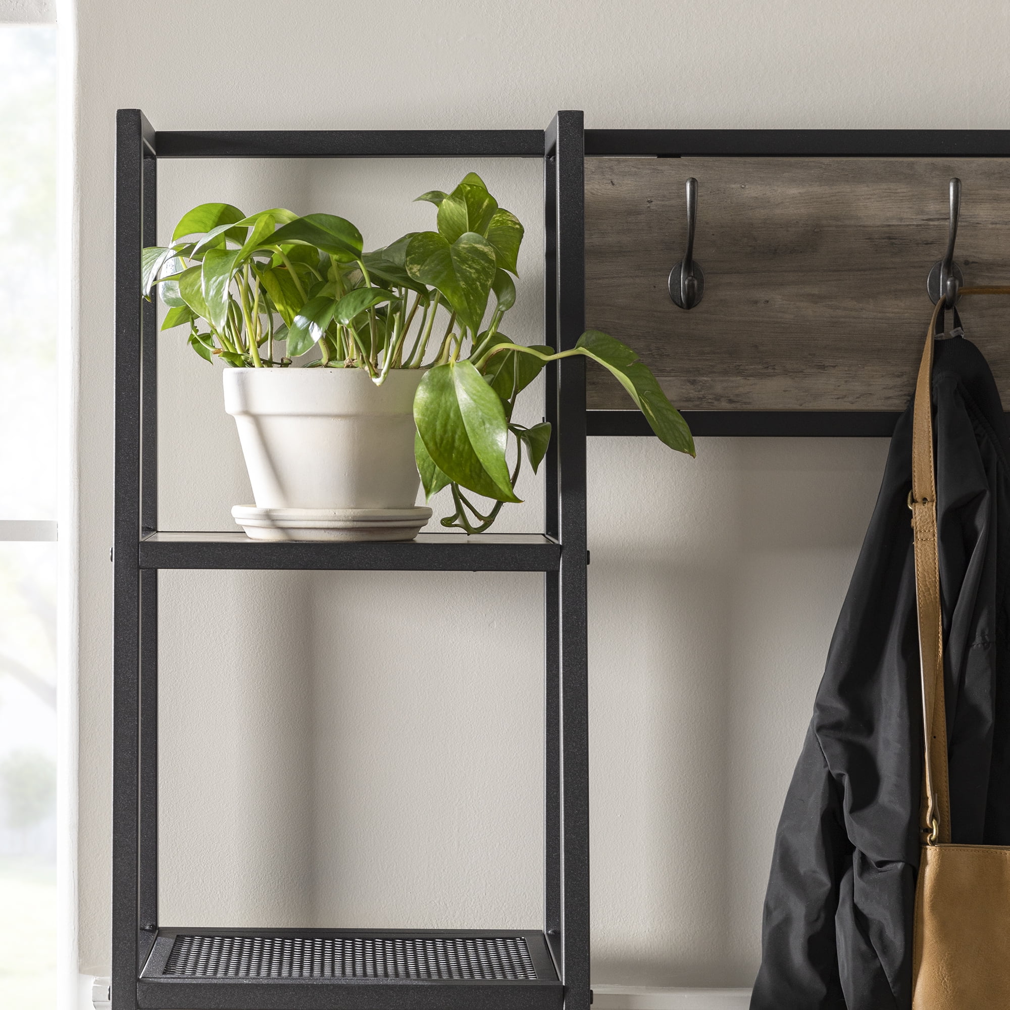 Woven Paths Modern Hall Tree with Bench and 5 Shelves, Grey Wash