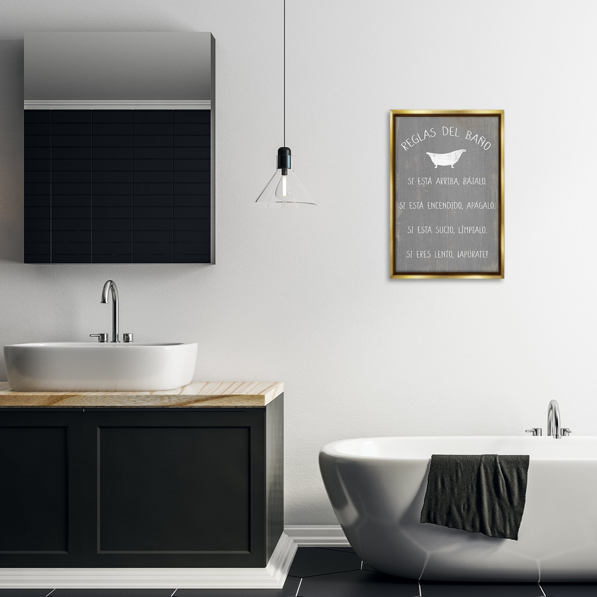 Stupell Industries Reglas Del Baño con Bañera Bath & Laundry Painting Gold Floater Framed Art Print Wall Art, 17 x 25