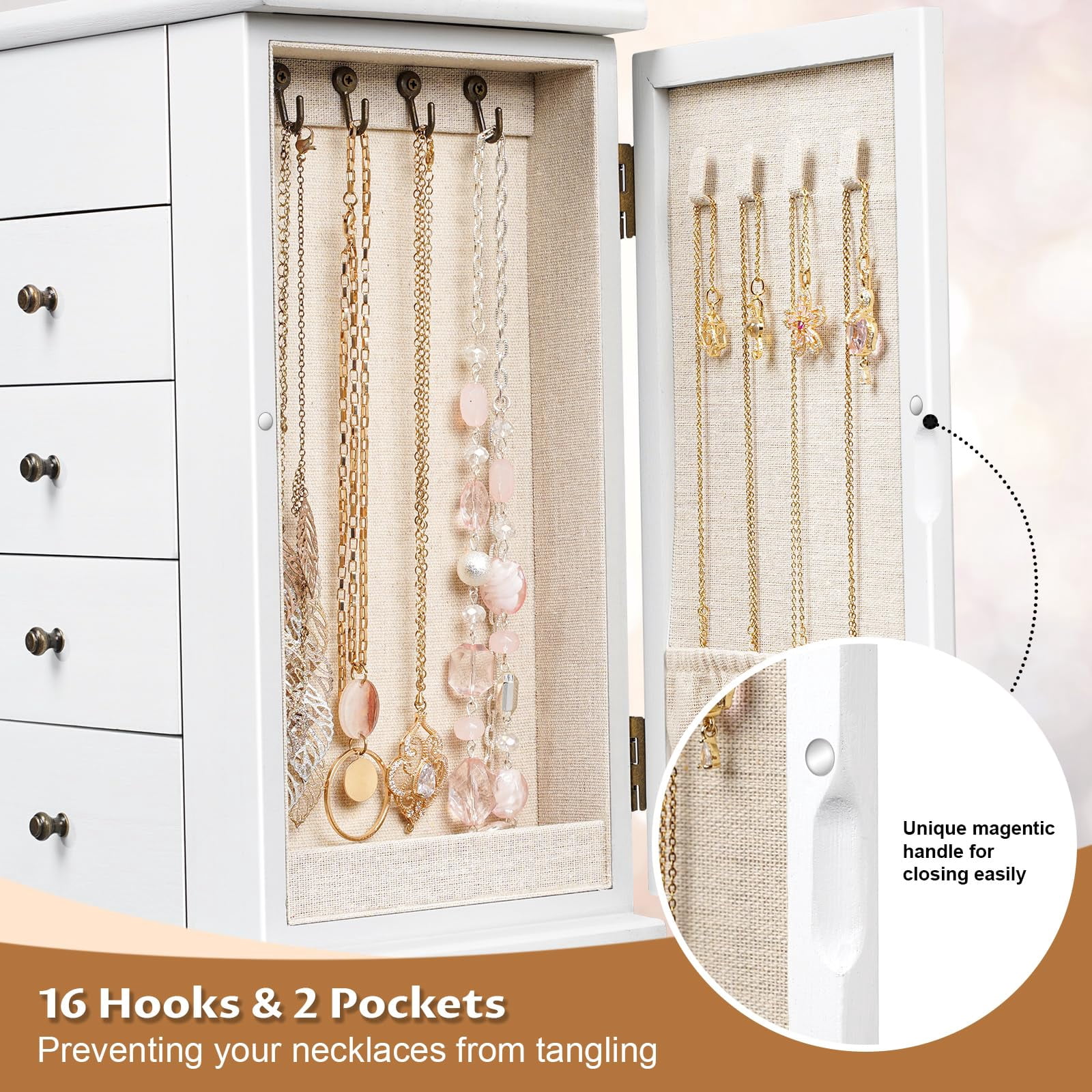 Jewelry Box for Women, 5 Layer Large Wood Boxes & Organizers for Necklaces Earrings Rings Bracelets, Rustic Organizer with Drawers and Mirror, White