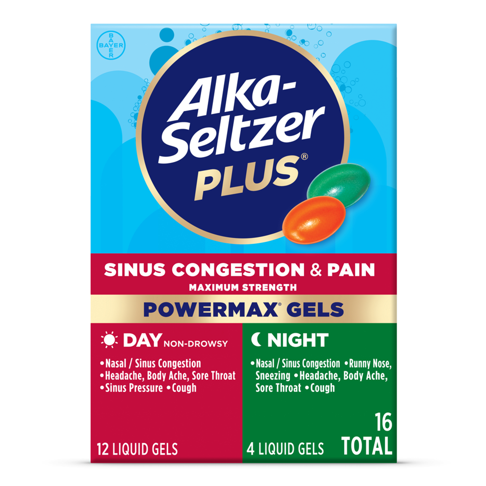 Alka-Seltzer Plus Maximum Strength Sinus & Cold Medicine, Day + Night, Powermax Liquid Gels,16 Count