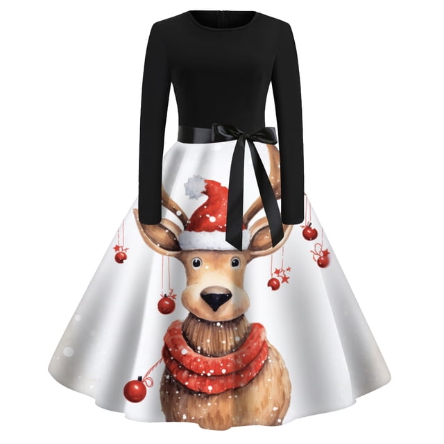 Felwors Vintage Noël sur le Thème Floral Partie Casual Manches Longues Col Rond Swing Robe