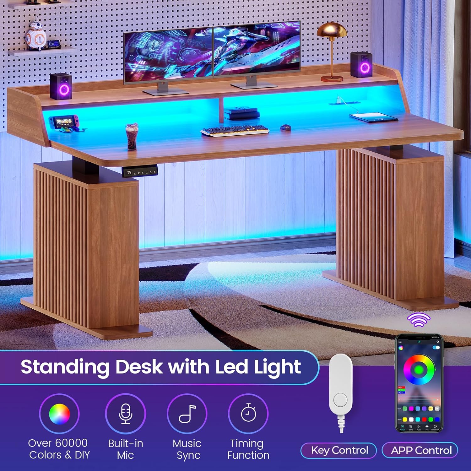 SEDETA Farmhouse Standing Desk with Storage, 55" Stand Up Home Office Desk with Power Outlets & LED Lights, Fluted Design Computer Desk, Height Adjustable Table with Monitor Stand, Brown