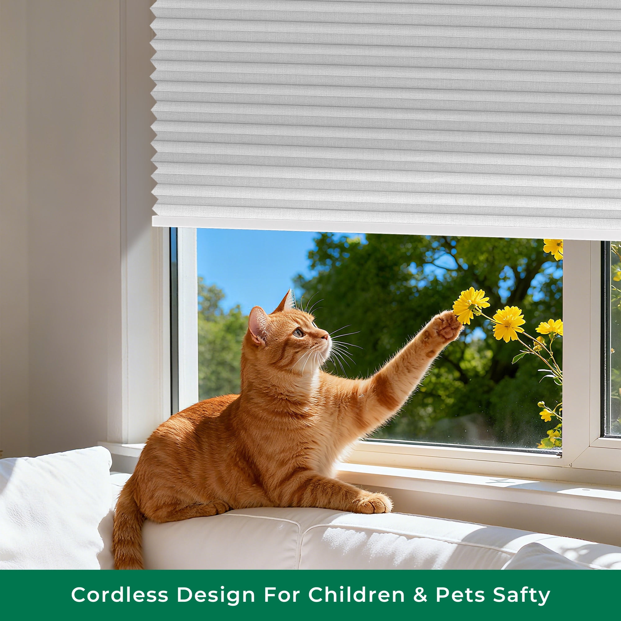 Allesin No Drill Motorized Cellular Shades Quiet Motor 45dB Smart Honeycomb Blinds with App and Voice Control Rechargeable Solar Option Aluminum Rails(36" W x 64" H, 100% Blackout Silver White)