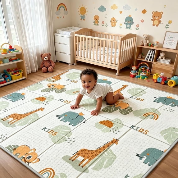 PIGLOG Giraffe Green Foam Baby Play Mat, 79x71, Double-Sided,Waterproof Playmats for Babies and Toddlers Kids, Safe Foam Playmat for Tummy Time