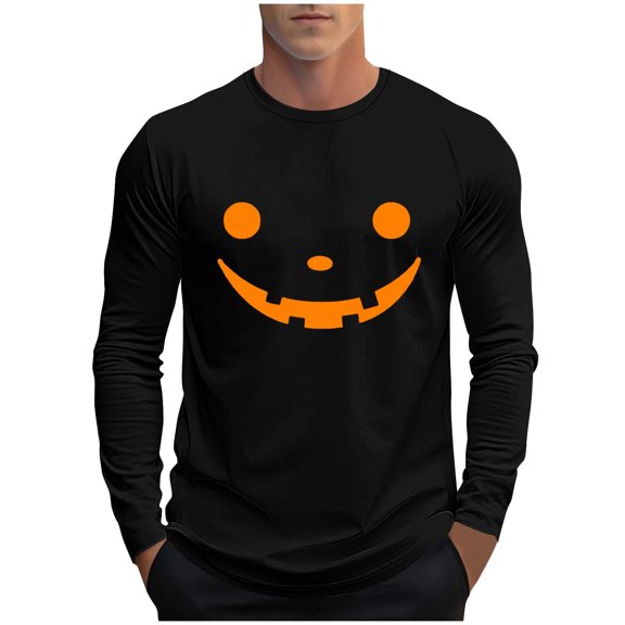 Tqyyweavej Men Halloween Shirts Plus Size Adult Pumpkin Print Crew Neck Long Sleeve Casual Athletic Shirt Costumes M-5XL