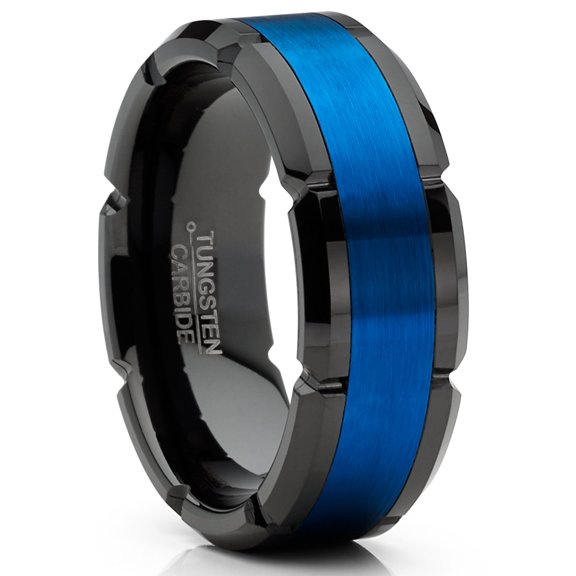 Metal Masters Mens Tungsten Ring Grooved Wedding Band Black Blue Comfort-fit 8mm