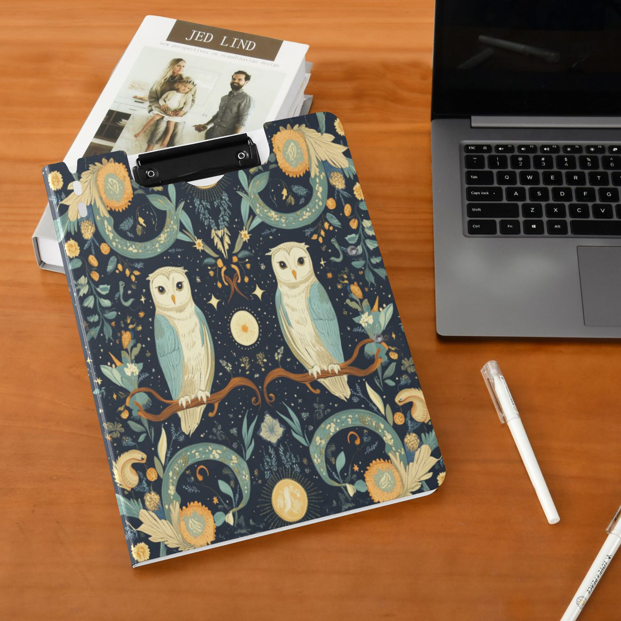 FORMRS A4 Clipboard Folder with Pen Holder Horizontal Foldable School Office Binder, Mystical Owls Pattern