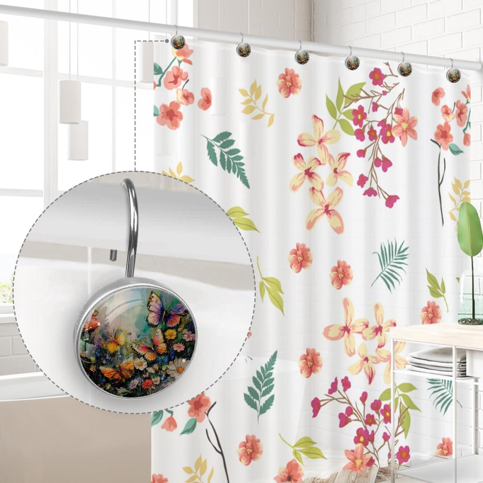 Butterfly Daisy Flower Painting Shower Curtain Hooks Round Crystal Glass, Set of 12 Shower Curtain Rings - Shower Hooks for Curtain Shower Rings