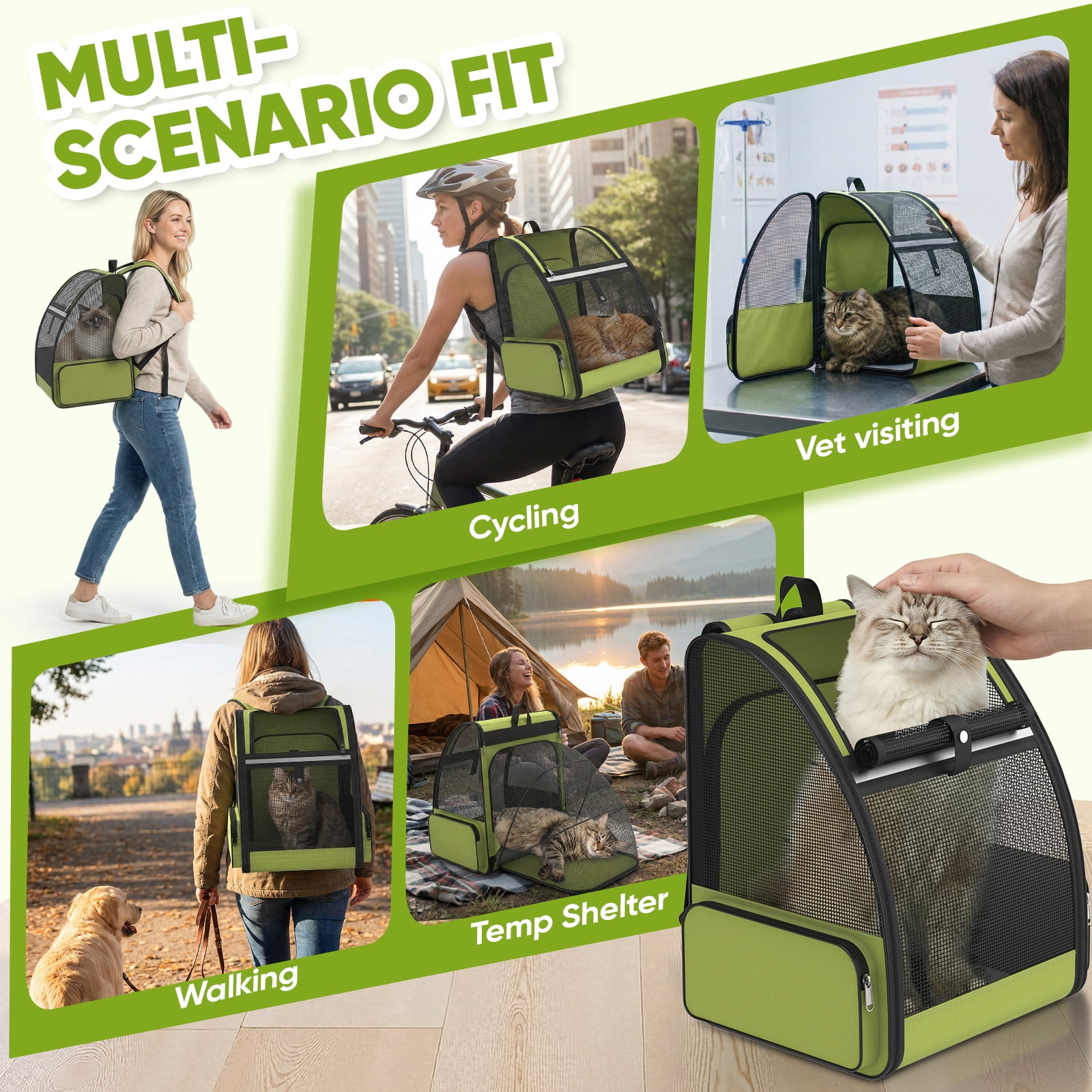Cat Carrier Backpack Expandable Breathable Pet Carrier for Large Cat Puppy Outdoor Travel Pet Backpack with Vantilated Mesh, Green
