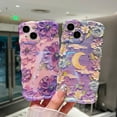thumbnail image 2 of Designed for iPhone 15 Pro Case for Women, Cute Curly Wave Frame Shape, Colorful Retro Oil Painting Flower Laser Beam Glossy Pattern, Compatible with iPhone Case (iPhone 15 Pro, Moon), 2 of 9