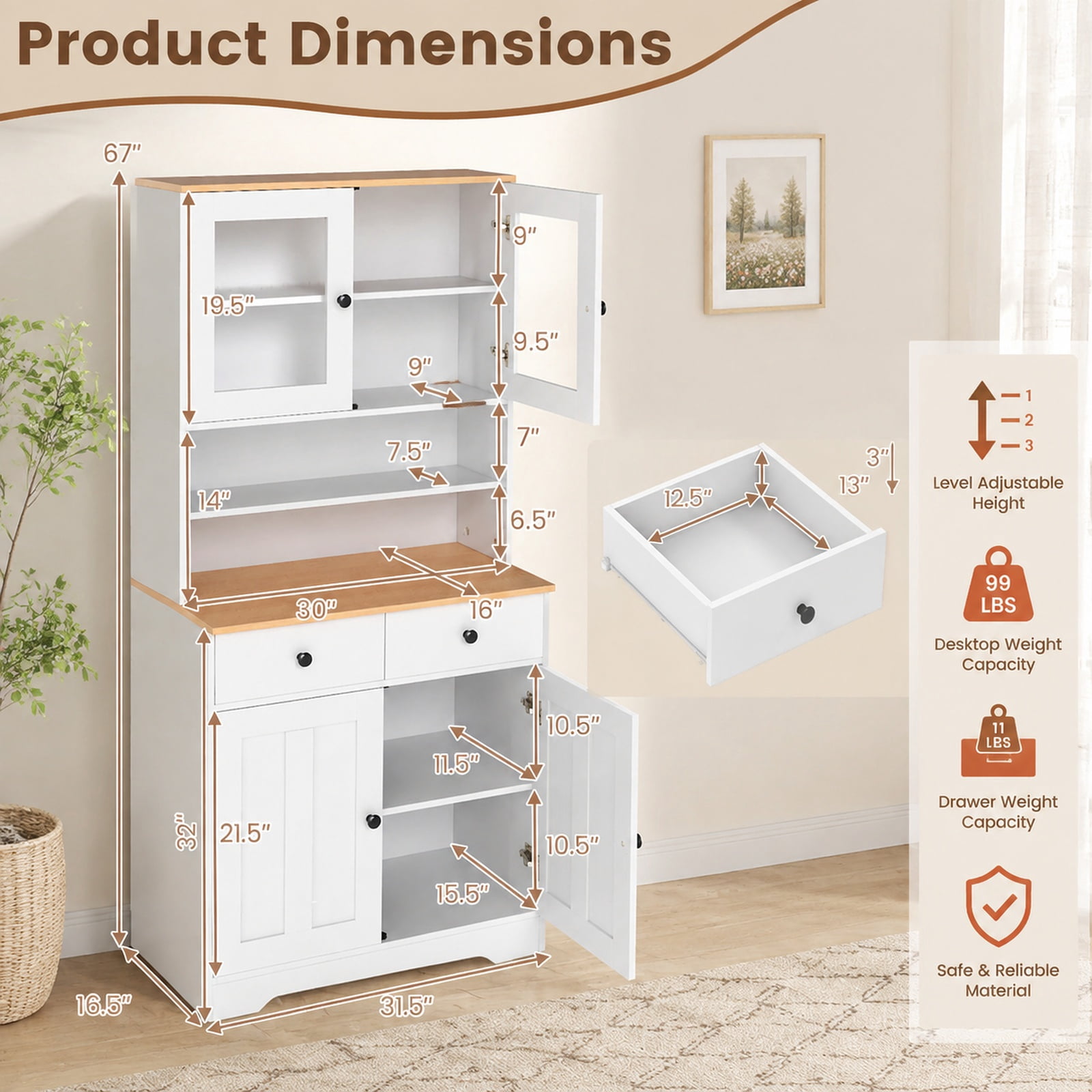 Furnibear Tall Kitchen Pantry Cabinet with Glass Doors 2 Drawers Adjustable Shelves and Countertop Freestanding Storage Cabinet for Kitchen, White
