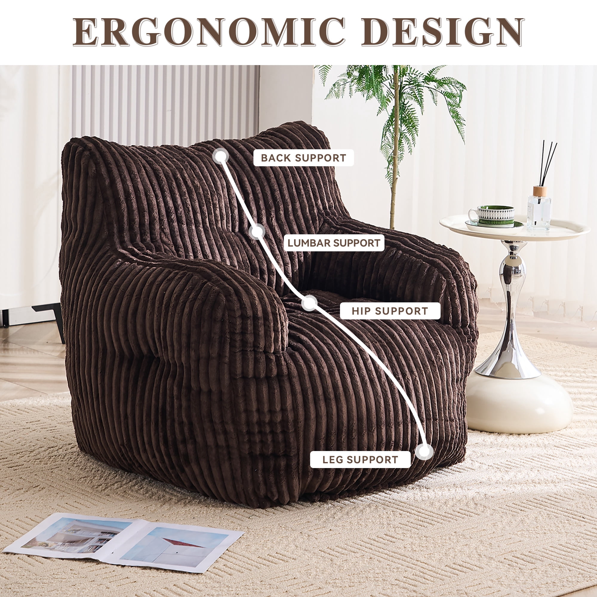 Bean Bag Chair with Filling BeanBag for Adults with Armrest Comfy Corduroy Fabric Lounge Lazy Floor Chair with Memory Foam Filler Fluffy Bean Bag for Dorm Living Room Bedroom Brown