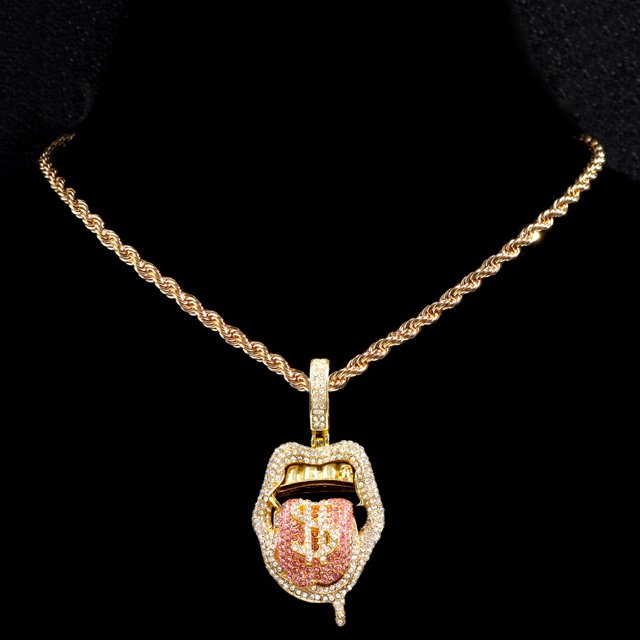 Iced Out Bling Rhinestone Hip Hop Dollar Tongue Pendant Necklace for Men and Women with Cuban Link Chain - Stylish Hip Hop Charm Jewelry