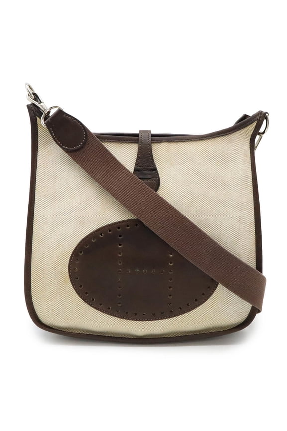 Pre-Owned HERMES Evelyn I 1 PM Shoulder Bag Toile H Leather Natural Dark Brown E Stamp