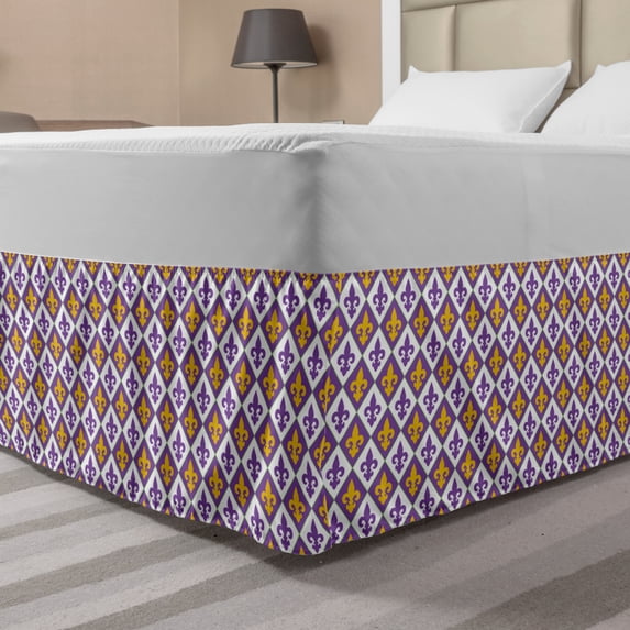 Fleur De Lis Bed Skirt, Modern Medieval Motif Abstract Vibrant Geometric Mardi Gras, Elastic Bedskirt Dust Ruffle Wrap Around for Bedding Decor, 4 Sizes, Purple Earth Yellow, by Ambesonne