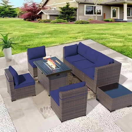 ALAULM 8 Pieces Outdoor Patio Furniture Set with Propane Fire Pit Table Outdoor Sectional Sofa Sets Patio Furniture 43 Gas Fire Pit Brown PE Rattan Patio Conversation Set w/6 Cushions Navy Blue