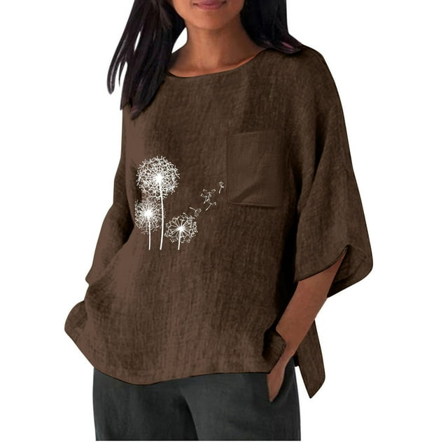 Hauts d'Été pour Femmes, Chemise Imitation Coton et Lin Imprimée Manches 3/4 Col Rond T-Shirt Ample Décontracté Léger et à la Mode Haut d'Été