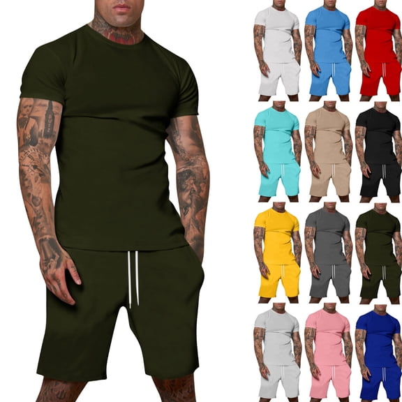 Men's Plus Size Loose Fit Short Sleeve T-Shirt and Shorts Set Casual Summer Outfits for Daily Wear Comfortable Lounge Tracksuit Army Green 3XL