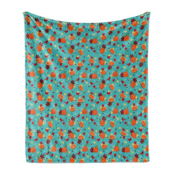 Autumn Pumpkin Soft Flannel Fleece Throw Blanket, Traditional Botany Art of Thanksgiving Fruit Pie Leaves and Birds Print, Cozy Plush for Indoor and Outdoor Use, 60" x 80", Multicolor, by Ambesonne
