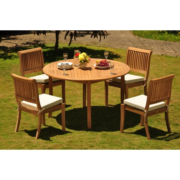 Teak Dining Set: 4 Seater 5 Pc: 52" Round Table & 4 Stacking Arbor Armless Chairs Outdoor Patio Grade-A Teak Wood WholesaleTeak #WMDSABq