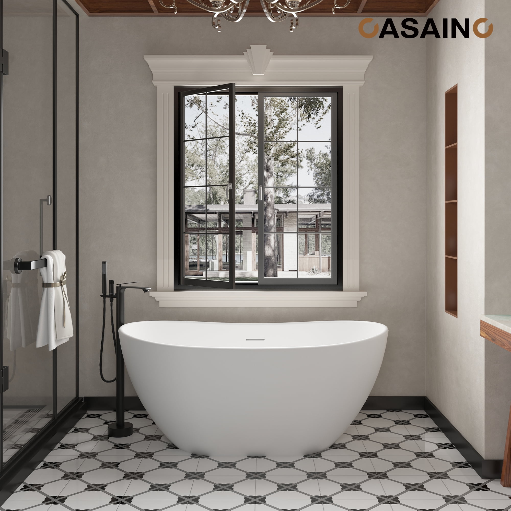 CASAINC Single-Handle Freestanding Floor Mount Tub Filler Faucet with Handheld Shower in Matte Black