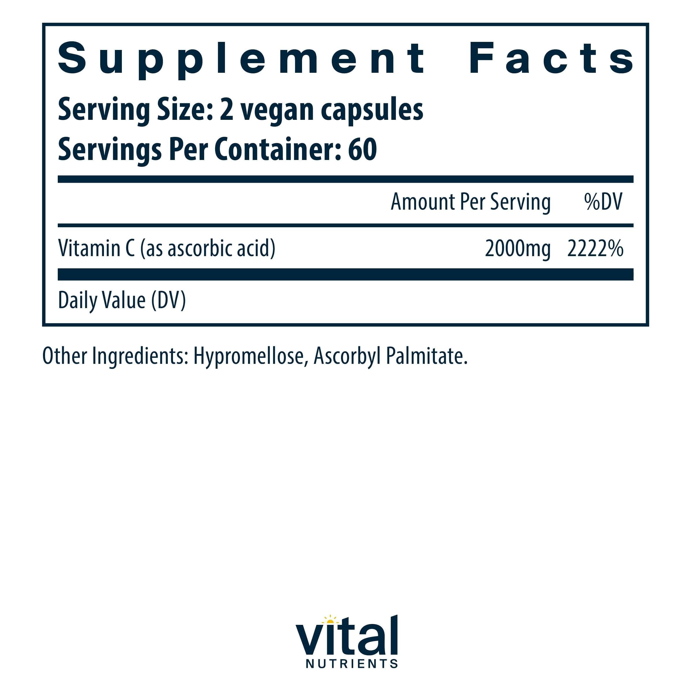 Vital Nutrients Vitamin C 1000mg (100% Pure Ascorbic Acid) | Vegan Antioxidant Supplement for Immune Support and Iron Absorption | Gluten, Dairy and Soy Free | Non-GMO | 120 Capsules