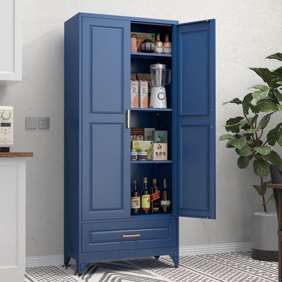 Polup Kitchen Pantry Cabinet, Metal Storage Cabinets, 75"Height Pantry Cabinets with Drawer, Food Cupboard with Doors,Blue