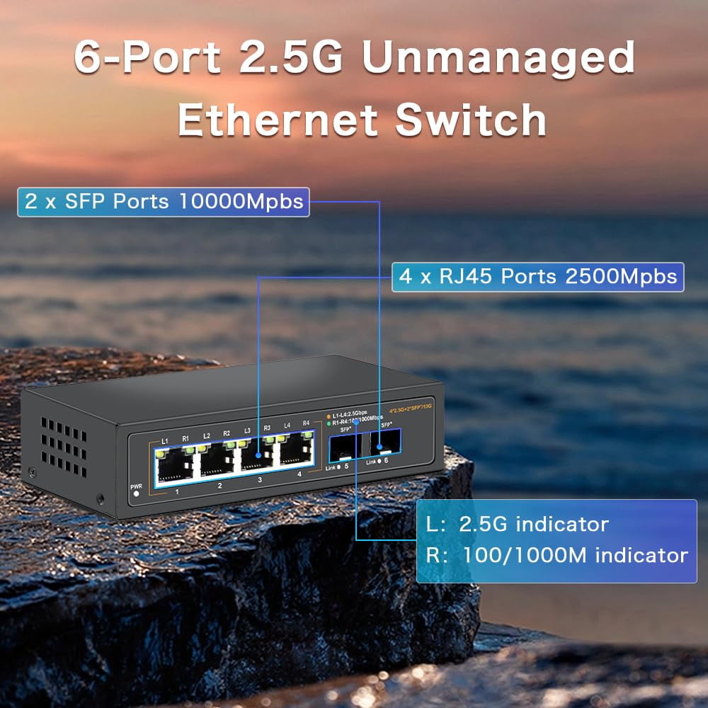 Davuaz 2.5G Unmanaged Ethernet Switch with 4 x 2.5G Base-T Ports and 2 x 10G SFP Uplink Port, Compatible with 100/1000/2500Mbps, Fanlesss Design, Plug & Play, Metal 2.5Gb Network Switch