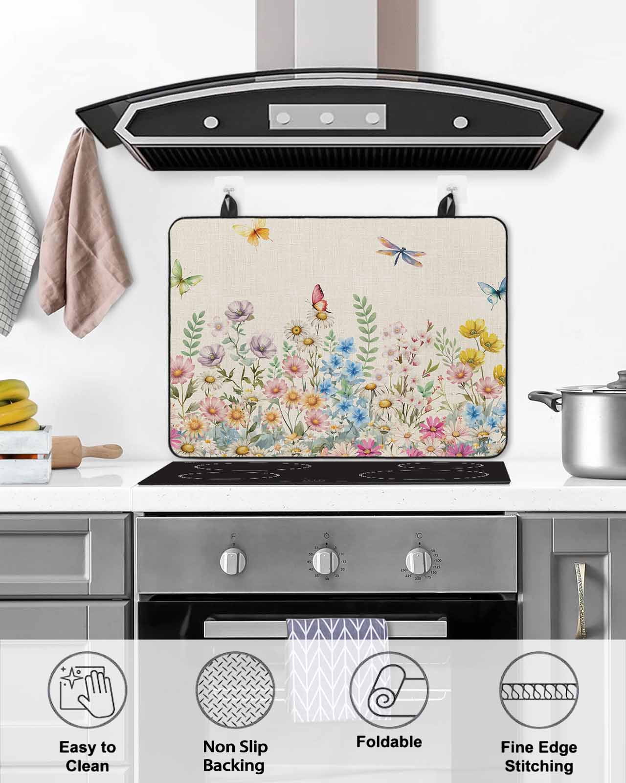 Large Induction Cooktop Protector Mat Colorful Floral Stove Top Covers for Electric Stove, Farmhouse Country Dragonfly Butterfly Flower Decorative Stove Burner Cover Mats, Glass Top Stove Cover