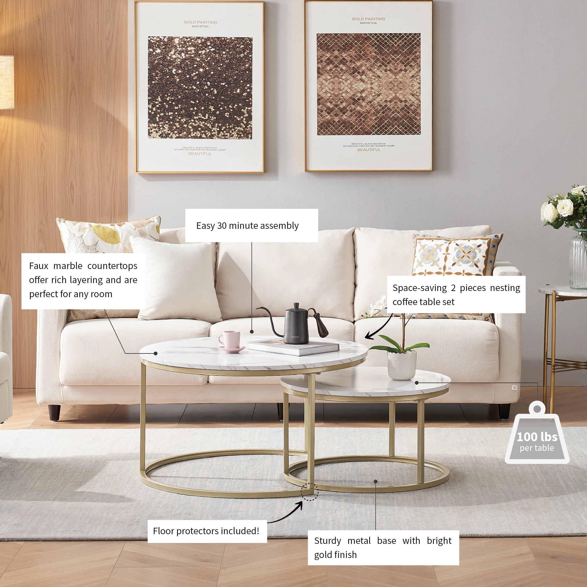 Round Nesting Coffee Table Set with 31.5 in White Faux Marble Top and Golden Legs Modern Style for living room