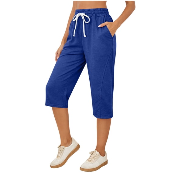 Yievot Womens Capri Pants Elastic High Waisted Sport Workout Yoga Pants Drawstring Casual Cropped Joggers Summer Lounge Pants with Pockets