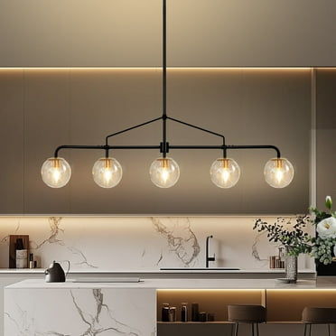 Chandeliers for Dining Room,Linear Chandelier with Seeded Glass Globe 5-Light Dining Room Light Fixture for Kitchen Island Living Room 39 Inch Black Gold