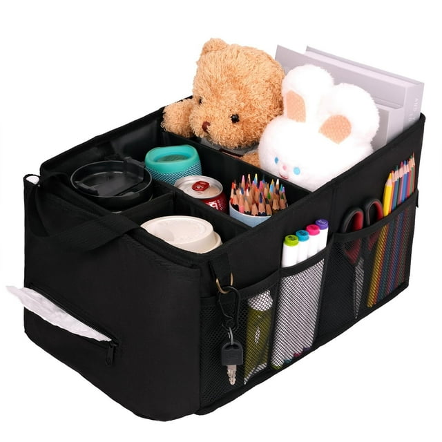 Back Seat Car Organizer With Tissue Box Passenger Seat Organizer Handbag Holder Coffee Cup Drink Holder for Console Front Toy Books Storage for Kids (Black)