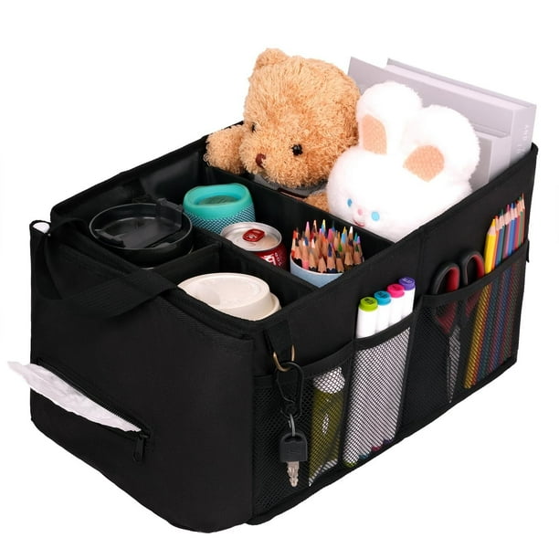 Back Seat Car Organizer With Tissue Box Passenger Seat Organizer Handbag Holder Coffee Cup Drink Holder for Console Front Toy Books Storage for Kids (Black)