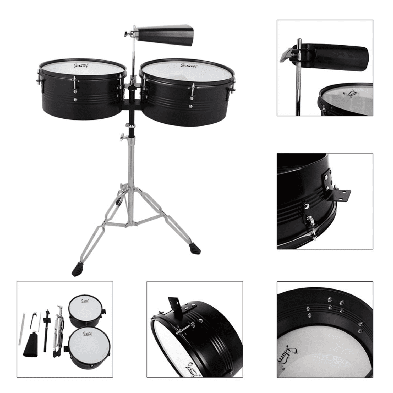 Hassch 13" & 14" Timbales Drum Set with Stand and Cowbell for Beginners, Black