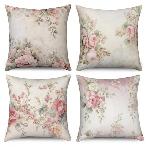 Pink Floral Outdoor Pillow Covers Set of 4,Rustic Linen Throw Pillow for Living Room Bedroom Decor,18x18 Inch