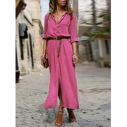 Women's Solid Color Lapel Multicolor Multi-size Fashion Loose Long Sleeves Extendable Shirt Long Dress