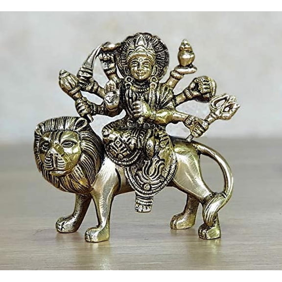 eSplanade Maa Durga MATA Rani Mata Shera Wali Murti Idol Statue Sculpture for Home Mandir | Home Decor | Brass - 4.6" Inches