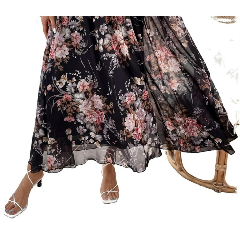 Women s Boho Floral Flared High Waist Maxi Skirt XS Walmart
