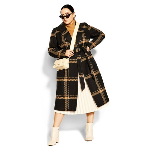 City Chic Women's Plus Size Lapel Neckline Long Sleeves Checkmate Coat