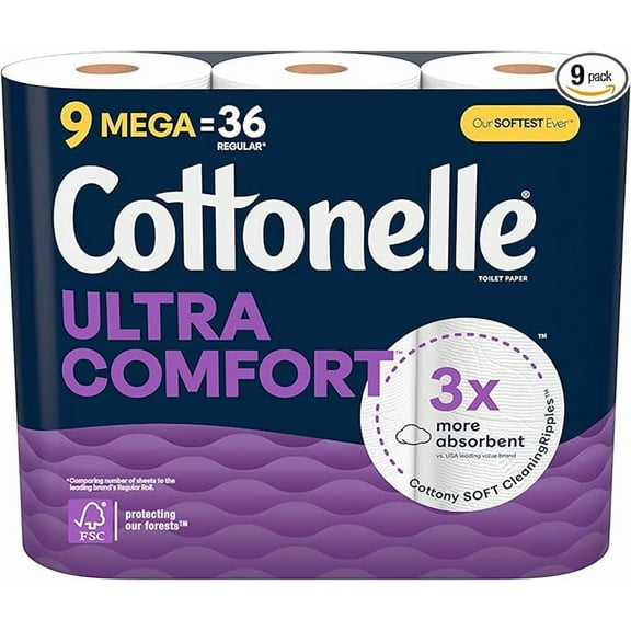 Cottonelle Ultra Comfort Toilet Paper, Strong Toilet Tissue, 9 Mega Rolls