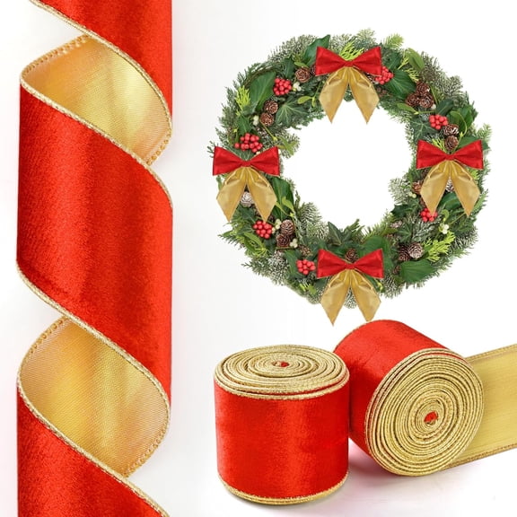 Monebena 2 Rolls/20 Yards Christmas Velvet Ribbon Red and Gold Reversible Wired Ribbon for Gift Wrapping Christmas Decorations Bow Wreath Making DIY Crafts, 2.5 inch M01