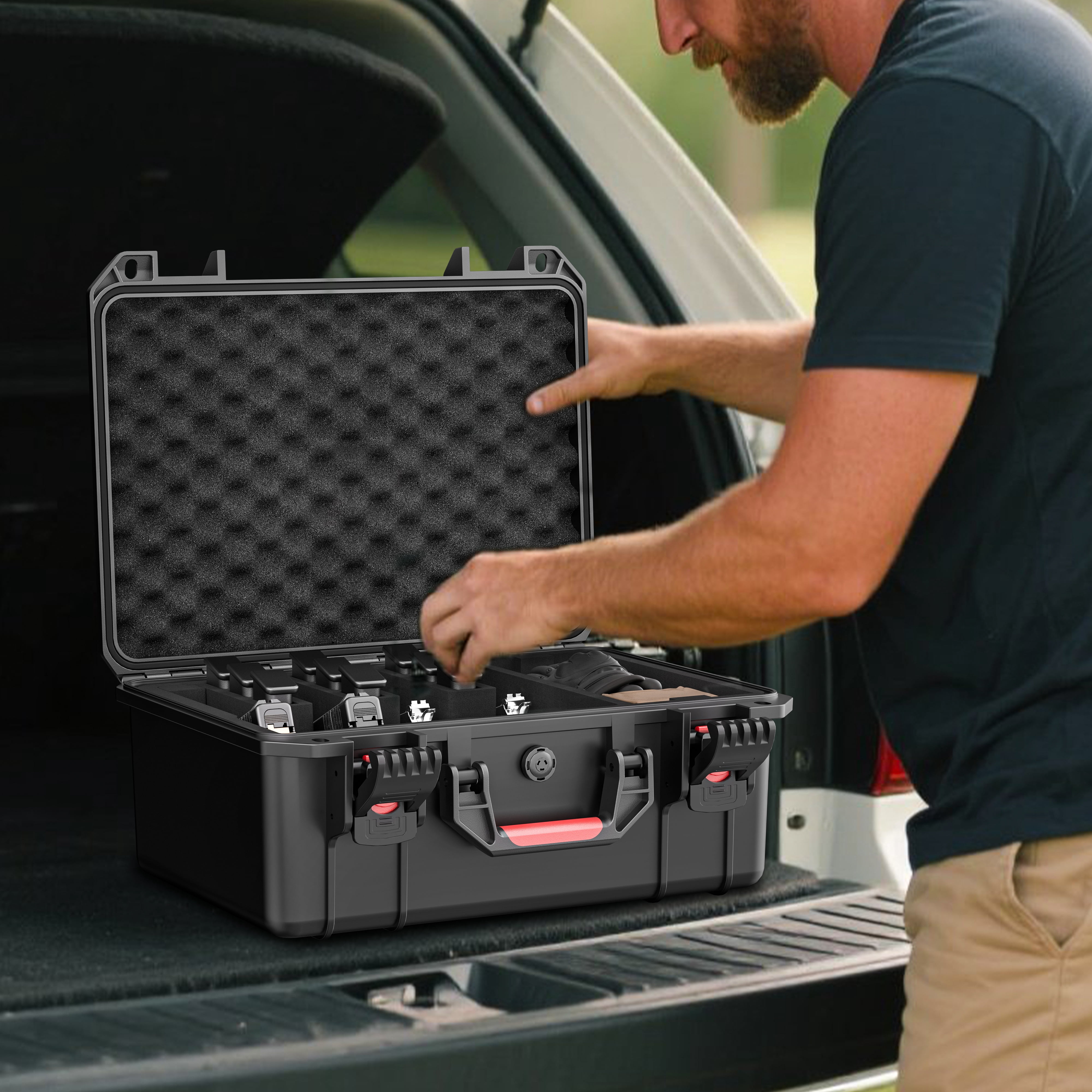 Kinghardcase 4-Slot Hard Case with Pre-Cut Foam, TSA-Compatible Lockable Waterproof Storage Box, Shockproof Equipment Case with Desiccant, 16.9"x13.7"x7"