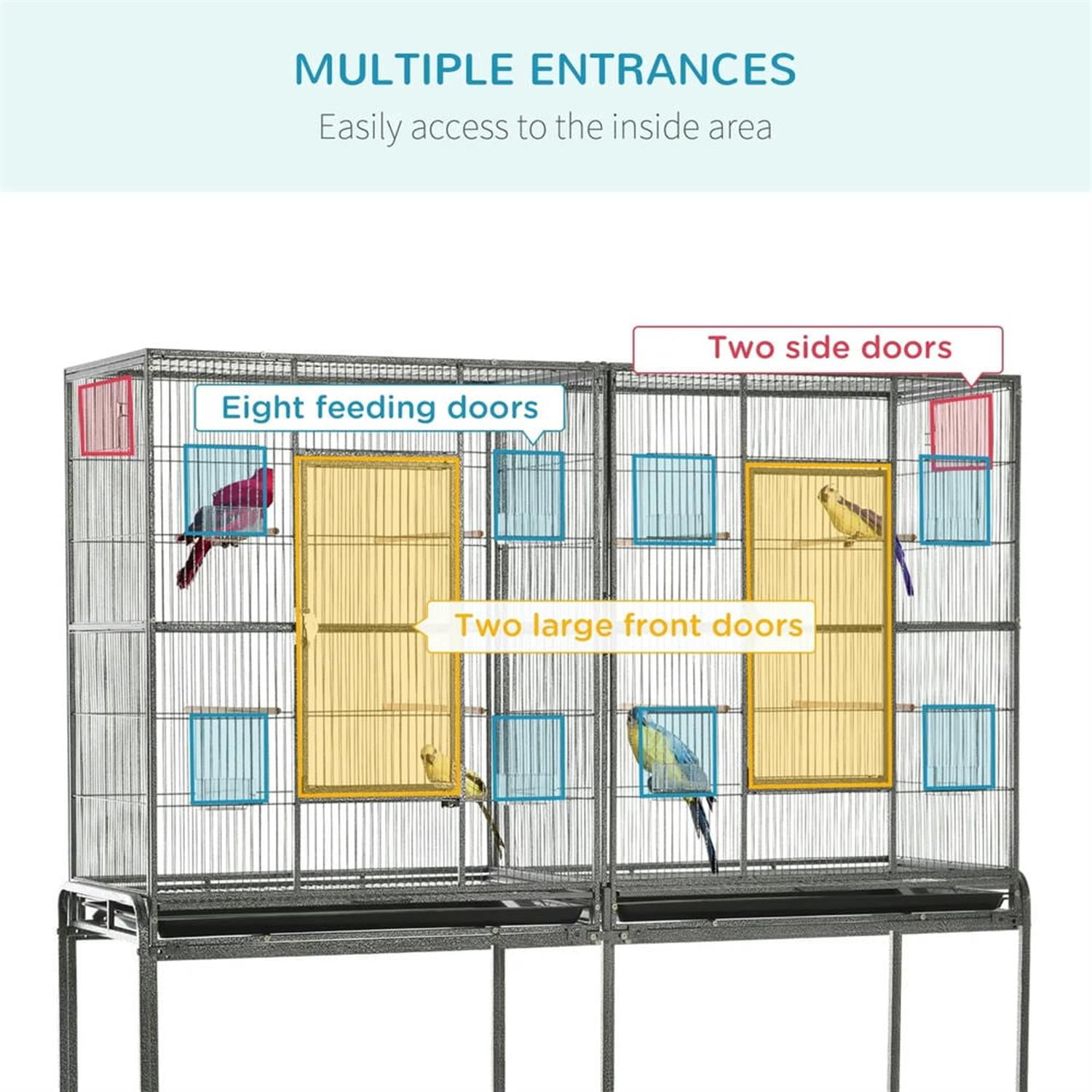 resenkos 64" Height Heavy Duty Travel Bird Cage Carrier with Rolling Stand, Wood Perch & Food Container for Parrots Conures Lovebird Cockatiel Parakeets, Black