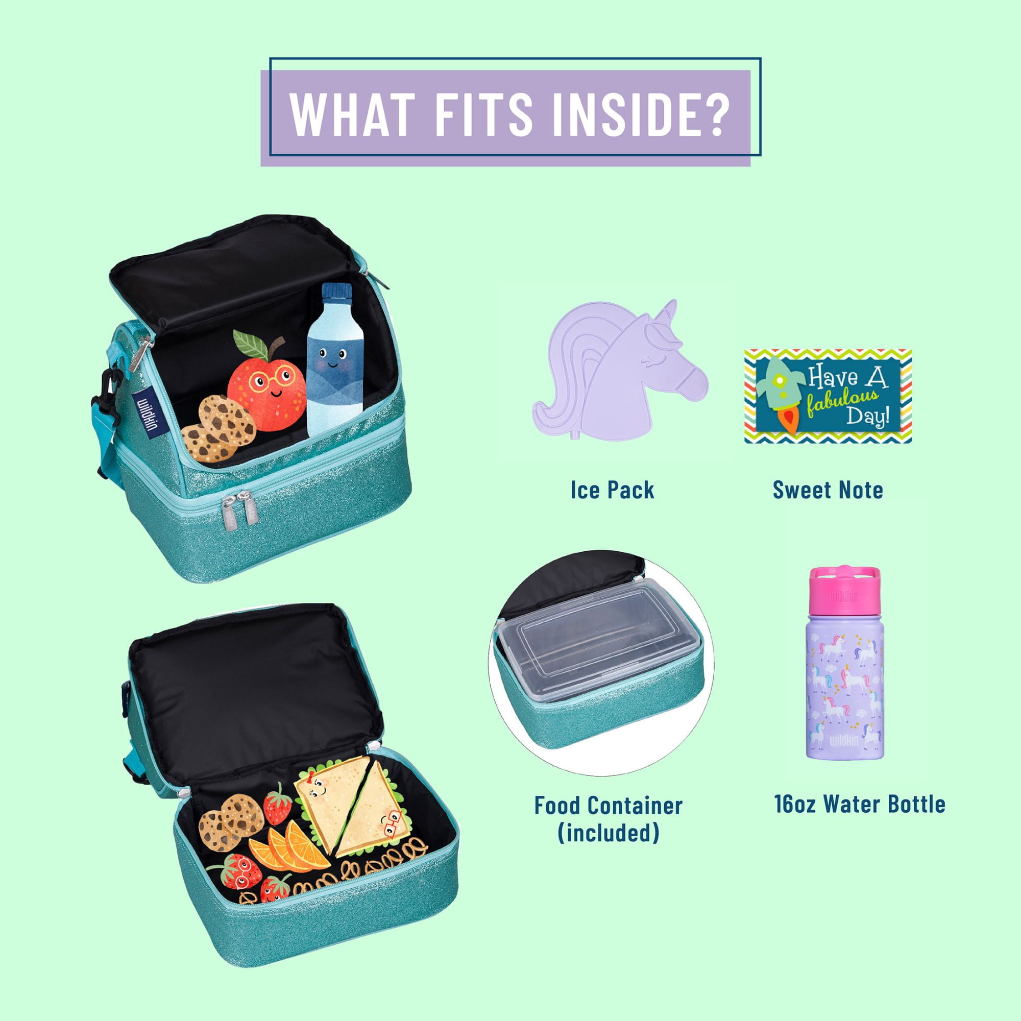 Wildkin Two Compartment Insulated Reusable Kids Lunch Bag for Boys & Girls, BPA Free, Includes Shoulder Strap (Blue Glitter)