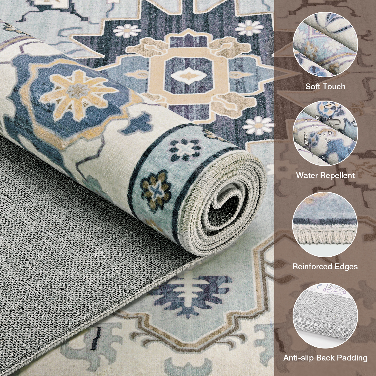 Washable Area Rug for Living Room, NovDeco 5'x7' Non-Slip Vintage Persian Light Blue Indoor Rug, Low Pile Stain Resistant Carpet for Bedroom Nursery