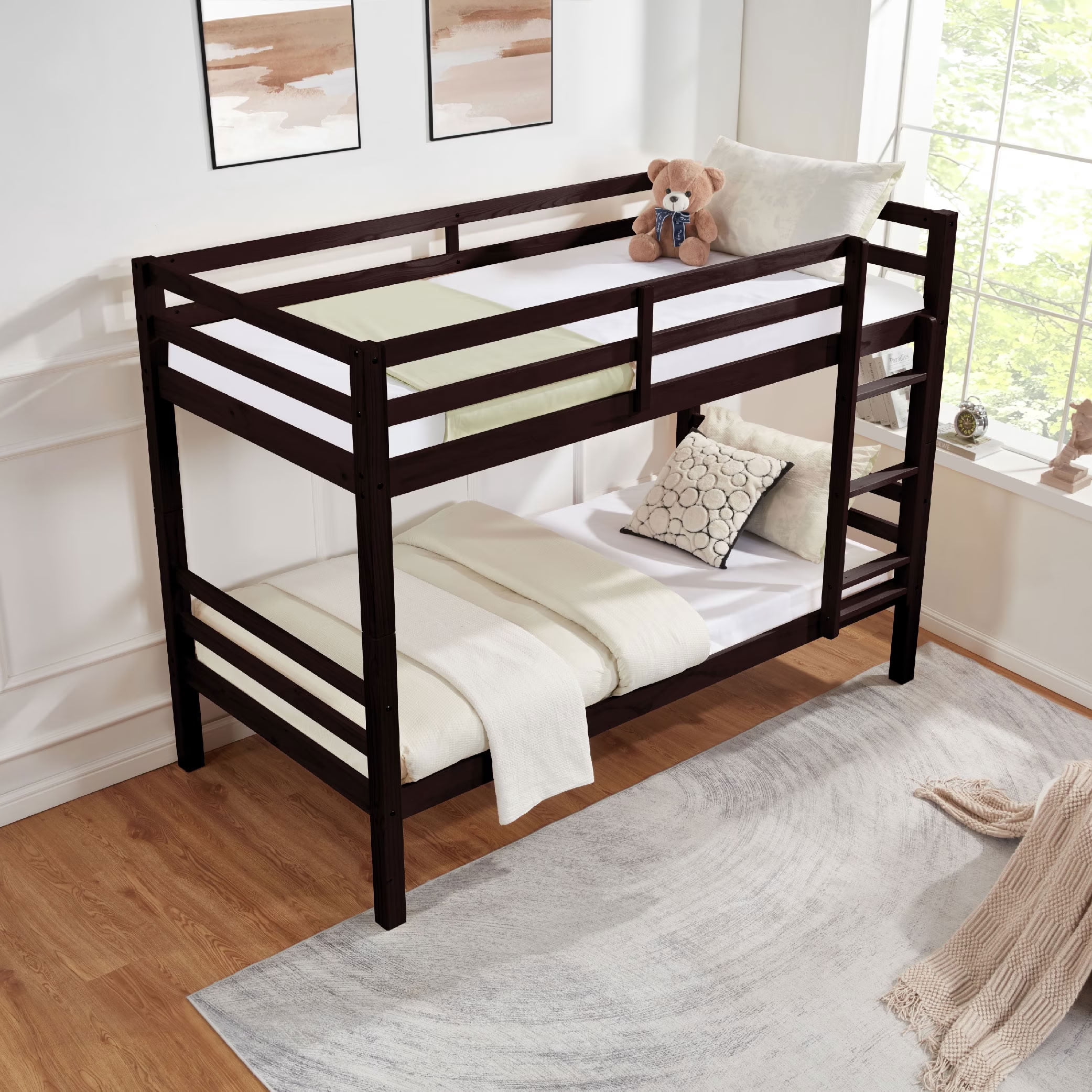 MAYEERTY Twin over Twin Wooden Bunk Bed with High Guardrail and Ladder, Heavy Duty Slat Support for Kids Teens Dorm Rooms Guest Rooms, No Box Spring Needed